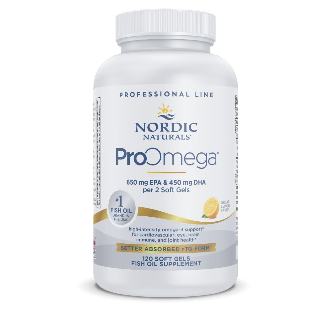 Nordic Naturals ProOmega lemon bottle displaying high-potency omega-3 for daily heart and brain support