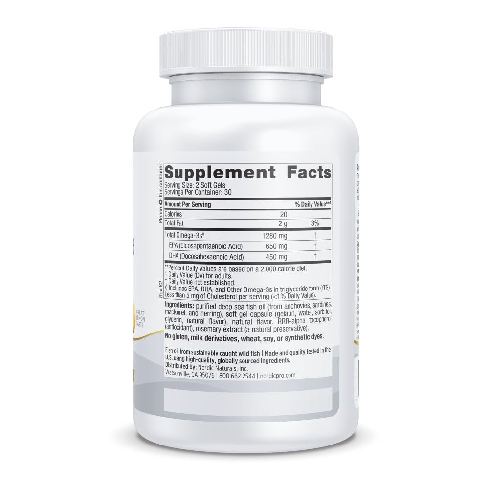 Close-up of Nordic Naturals ProOmega Lemon soft gels for heart and brain support.