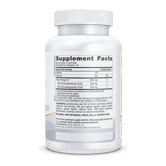 Close-up of Nordic Naturals ProOmega Lemon soft gels for heart and brain support.