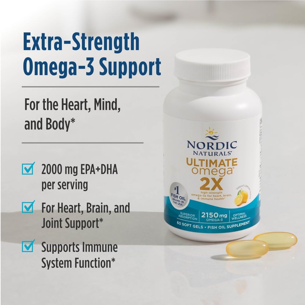 Nordic Naturals Ultimate Omega 2X heart and brain health graphic hints at support areas.
