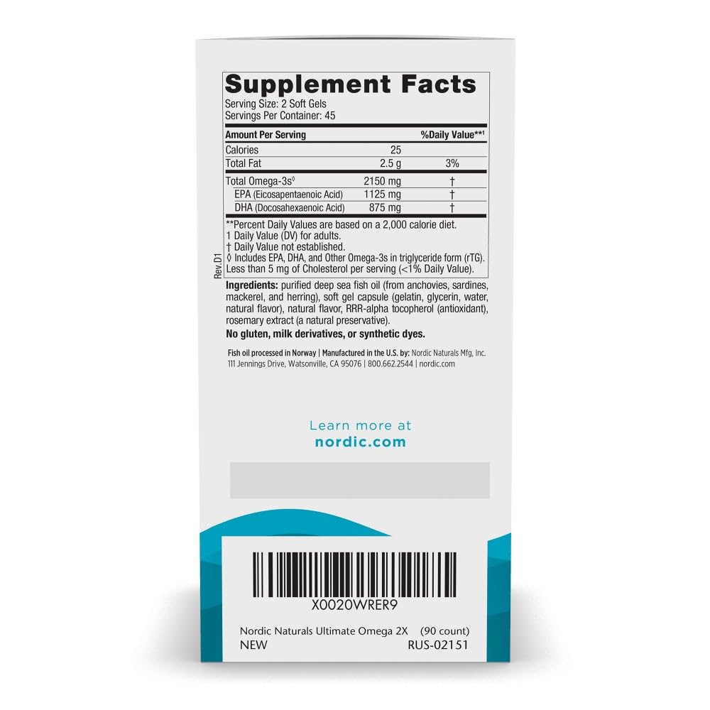 Nordic Naturals Ultimate Omega 2X label closeup highlighting purity and non-GMO ingredients.