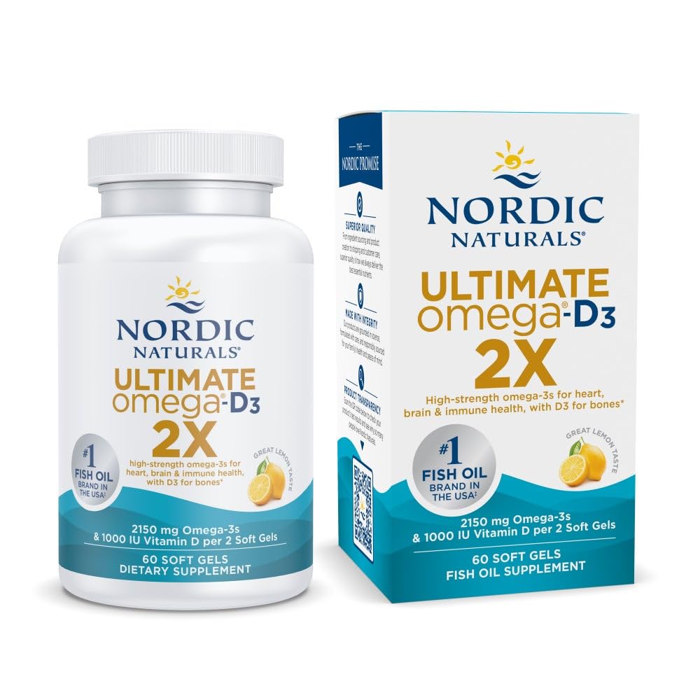 Nordic Naturals Ultimate Omega 2X lemon bottle with soft gels for heart and brain support