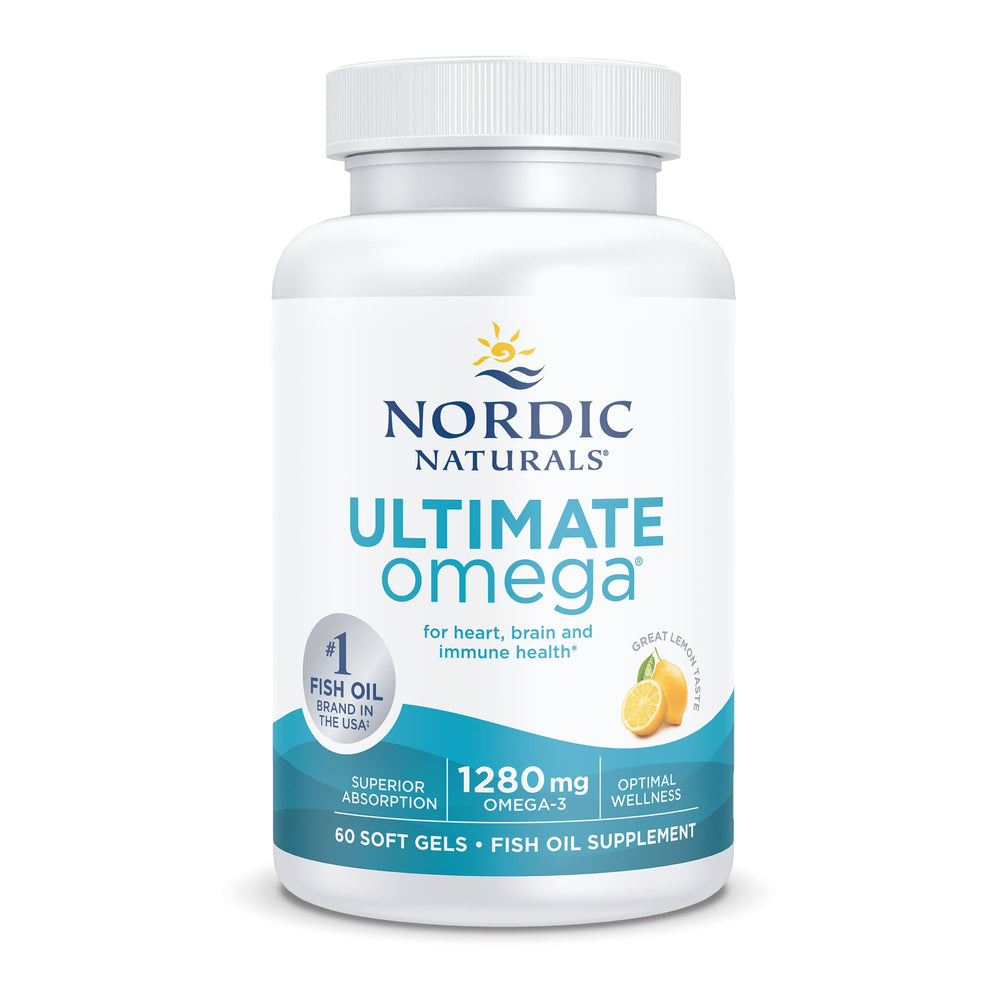 Nordic Naturals Ultimate Omega bottle side view showing non-GMO and dairy-free badges