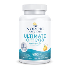 Nordic Naturals Ultimate Omega bottle side view showing non-GMO and dairy-free badges