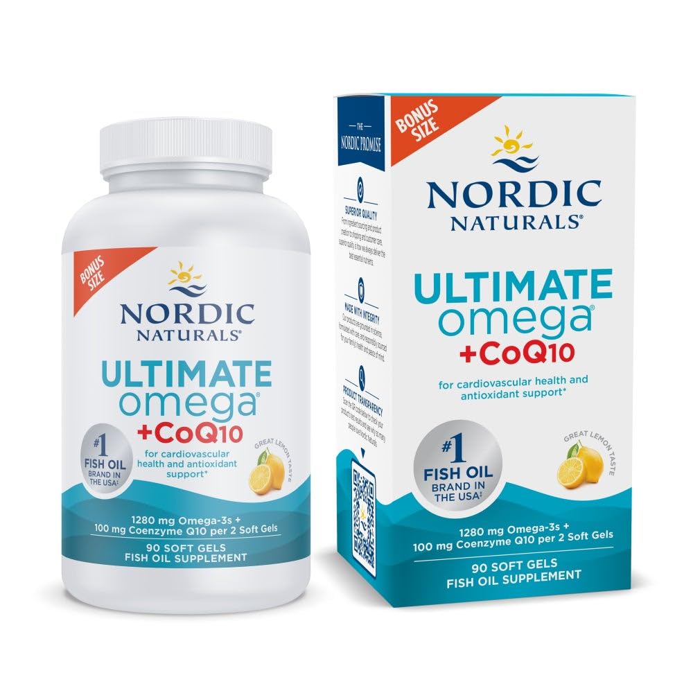 Nordic Naturals Ultimate Omega + CoQ10 lemon bottle promoting heart health and energy