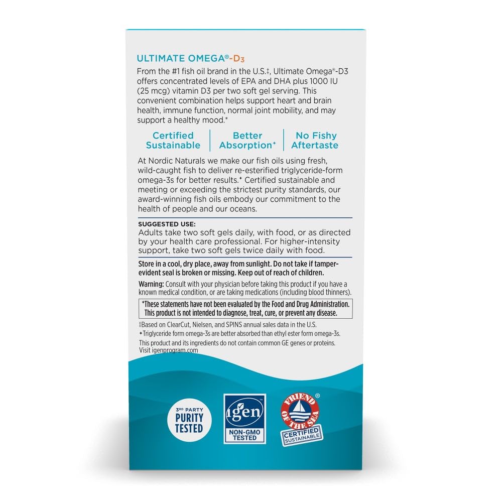 Nordic Naturals Ultimate Omega-D3 lemon bottle with label emphasizes purity and non-GMO ingredients.