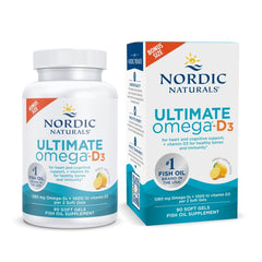 Nordic Naturals Ultimate Omega-D3 lemon bottle for daily omega-3 and vitamin D3 benefits.