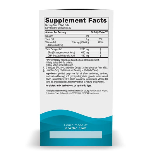 Nordic Naturals Ultimate Omega-D3 lemon flavor label emphasizes purity and clean ingredients