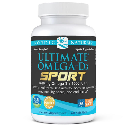 Nordic Naturals Ultimate Omega-D3 Sport lemon softgels shown on white background highlighting joint support potential