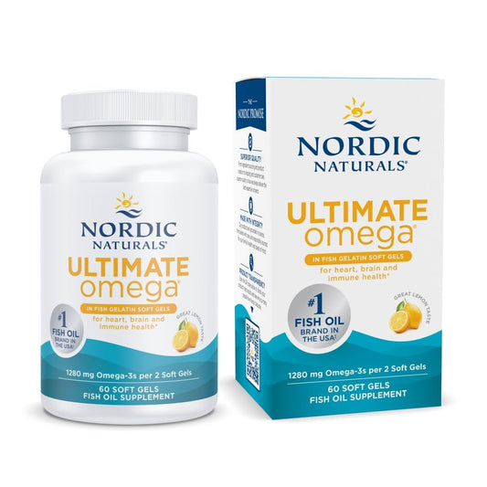 Nordic Naturals Ultimate Omega lemon soft gels front view, high-potency omega-3 for heart and brain support