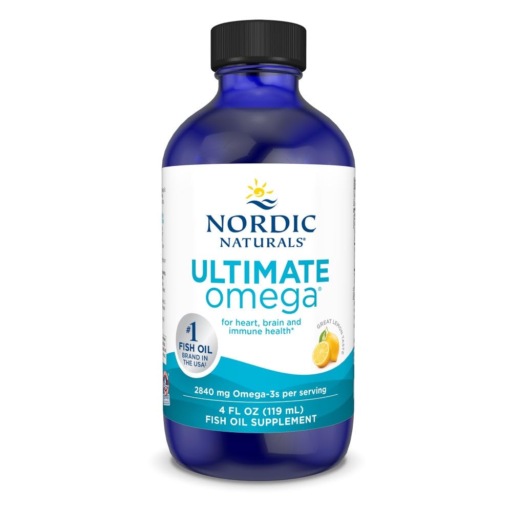 Nordic Naturals Ultimate Omega Liquid lemon bottle showing high-potency omega-3 for daily wellness