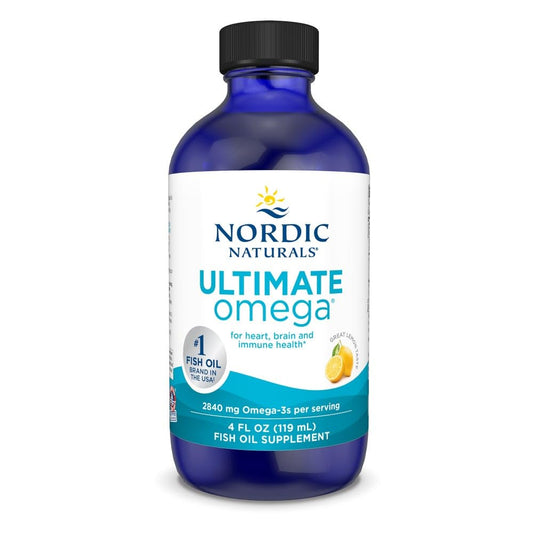 Nordic Naturals Ultimate Omega Liquid lemon bottle showing high-potency omega-3 for daily wellness