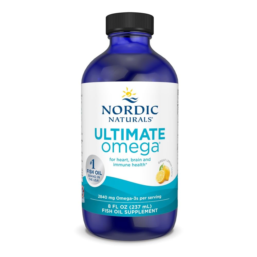 Nordic Naturals Ultimate Omega Liquid lemon bottle shown for daily omega-3 support.