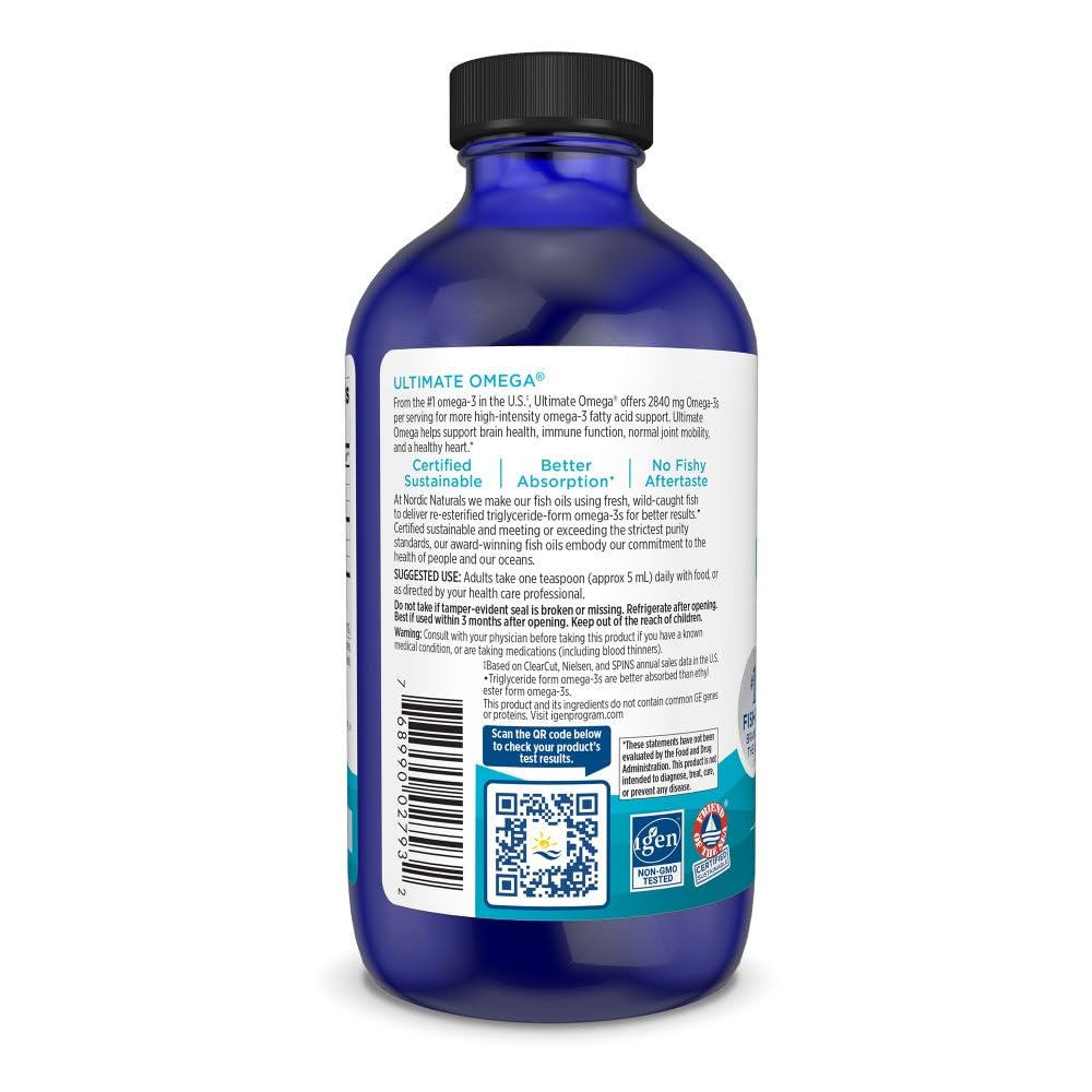 Nordic Naturals Ultimate Omega Liquid bottle close-up highlights natural lemon taste.