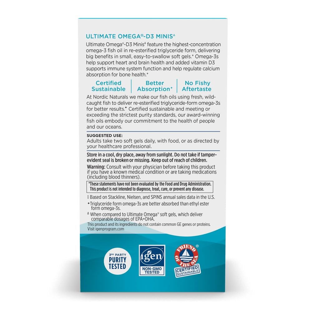 Nordic Naturals Ultimate Omega Mini D3 lemon nutrition label shows clear ingredients.