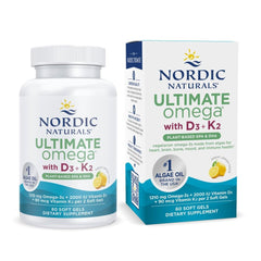 Nordic Naturals Ultimate Omega Plant-Based bottle on a clean counter for daily wellness