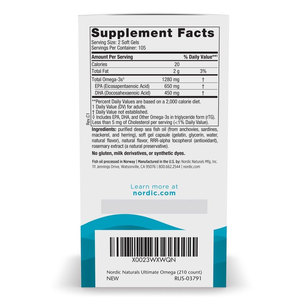 Close-up of Ultimate Omega soft gels highlighting high EPA and DHA content.