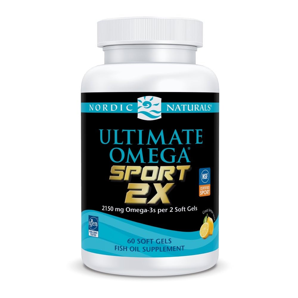 Nordic Naturals Ultimate Omega Sport 2X lemon bottle front shows a high-potency omega-3 for heart health