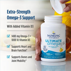 Nordic Naturals Ultimate Omega Xtra lemon bottle as part of a daily supplement routine