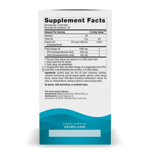 Close-up of Nordic Naturals Ultimate Omega Xtra lemon softgels for easy swallowing
