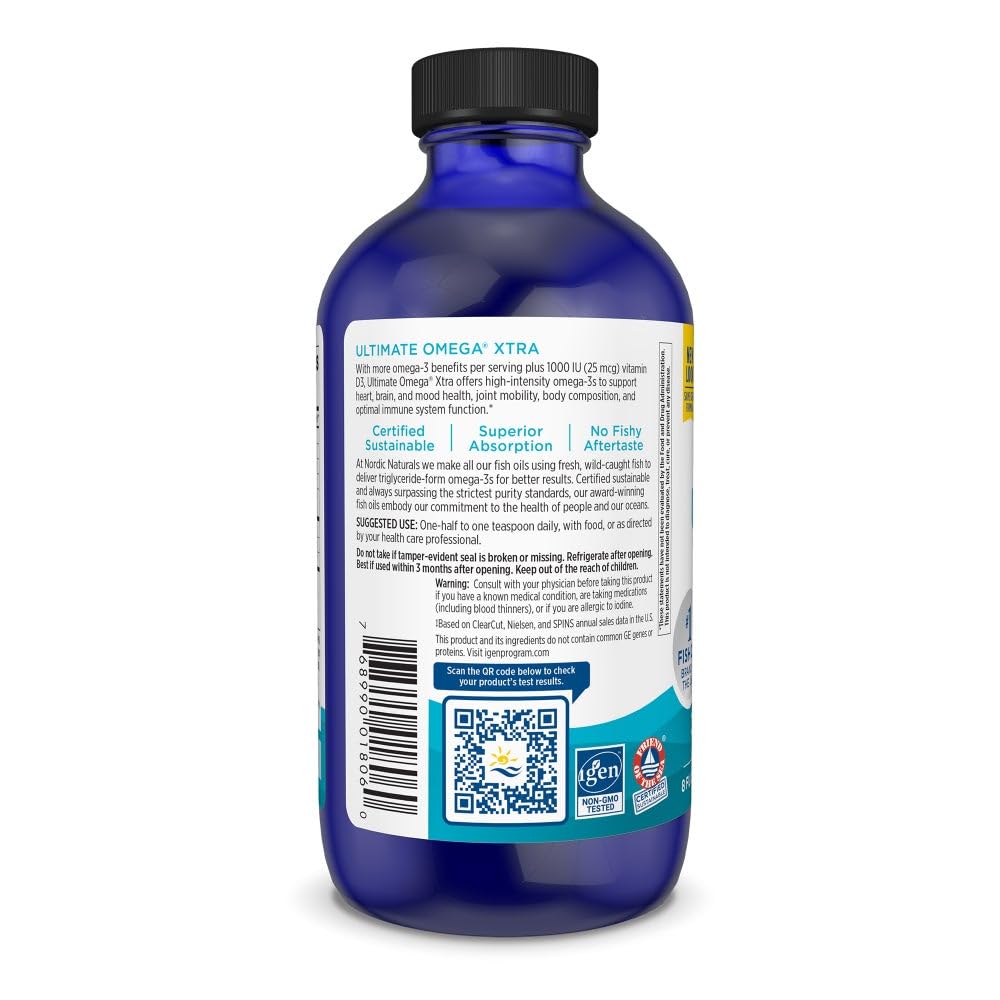 Nordic Naturals Ultimate Omega Xtra Lemon label noting non-GMO and allergen-free ingredients.