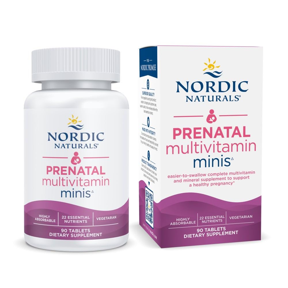 Nordic Naturals Vegetarian Prenatal Minis bottle front shows comprehensive prenatal support.