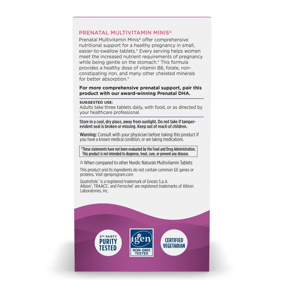 Nordic Naturals Vegetarian Prenatal Minis methyl folate close-up highlights advanced B vitamin form.