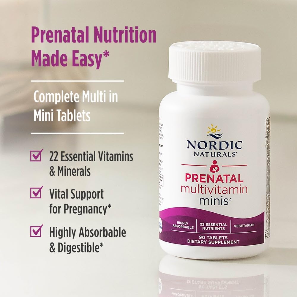 Nordic Naturals Vegetarian Prenatal Minis non-GMO and gluten-free label close-up.