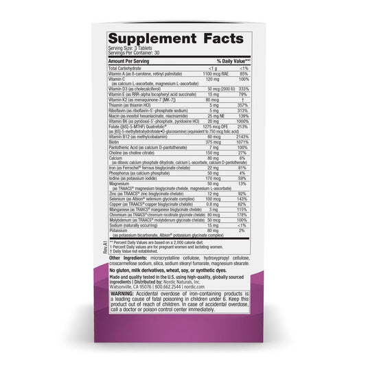 Nordic Naturals Vegetarian Prenatal Minis tablets close-up, tiny size for easy swallowing.