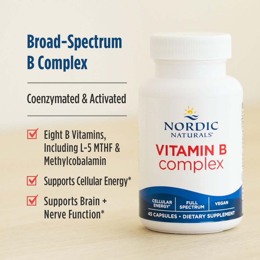 Nordic Naturals Vitamin B Complex capsules arranged for convenient once-daily intake
