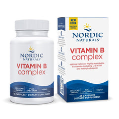 Nordic Naturals Vitamin B Complex bottle showing vegan capsules for daily energy support