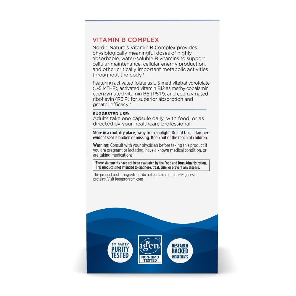 Close-up of Nordic Naturals Vitamin B Complex capsules for daily energy support