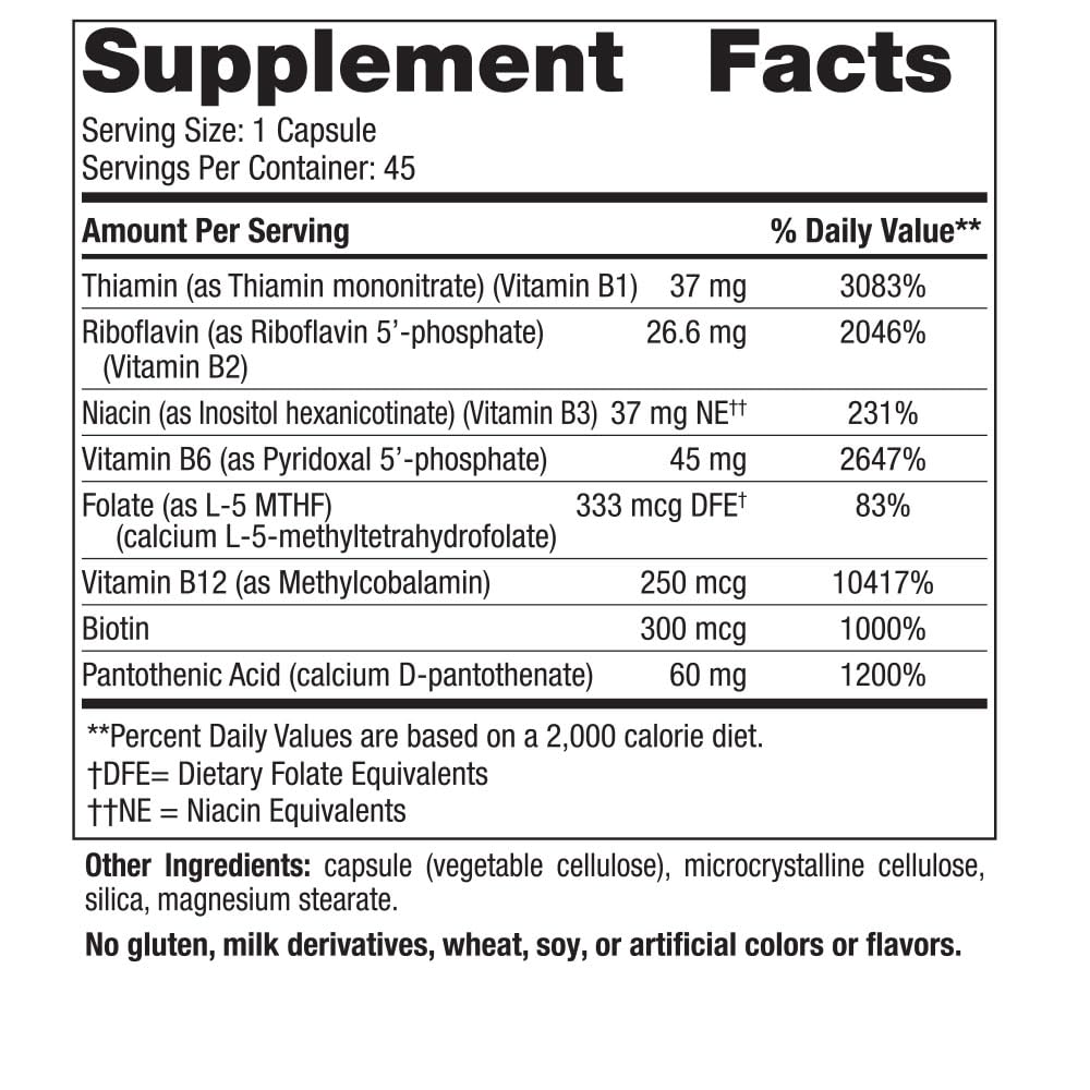 Nordic Naturals Vitamin B Complex label highlighting eight essential B vitamins for metabolism support