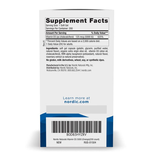 Nordic Naturals Vitamin D3 5000 orange bottle label, purity and non-GMO credentials highlighted.