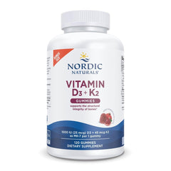 Nordic Naturals Vitamin D3 + K2 Gummies bottle displaying fruity pomegranate flavor and convenient daily support