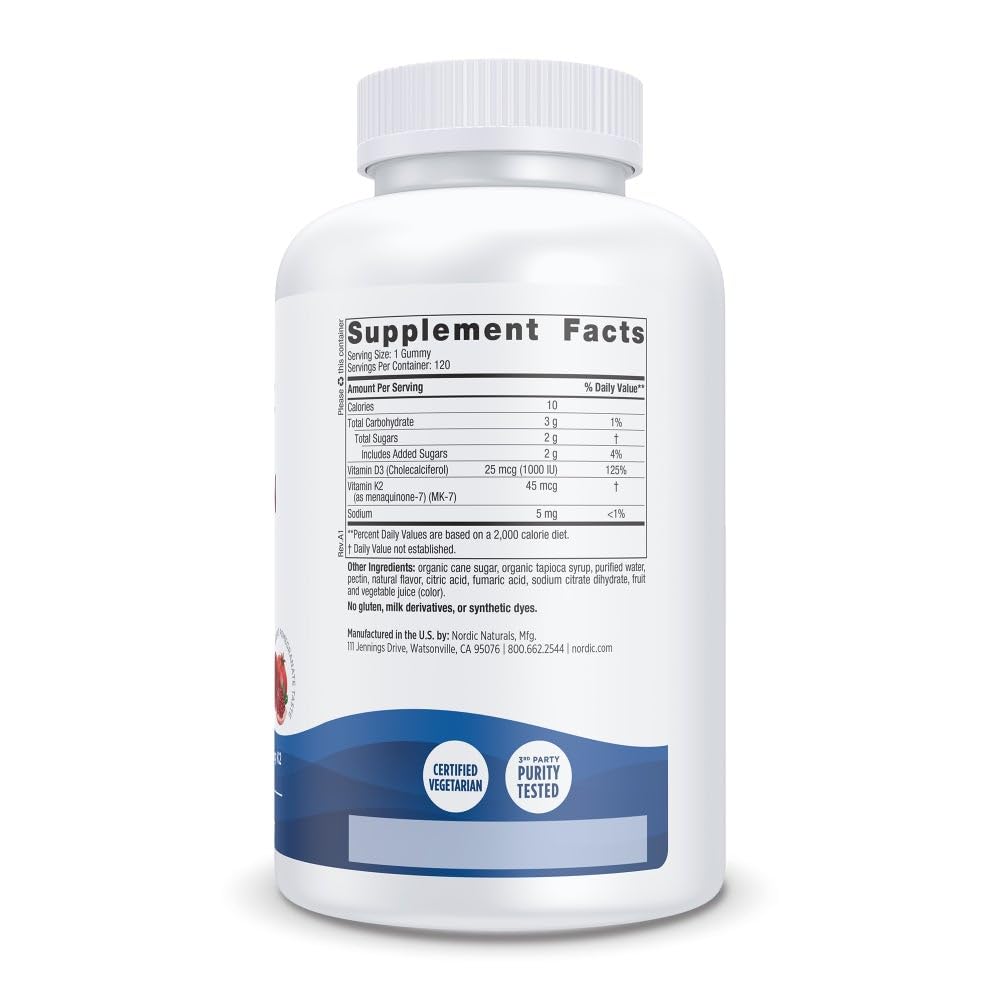 Nordic Naturals Vitamin D3 + K2 Gummies close-up shows chewy texture and tasty pomegranate flavor for daily use