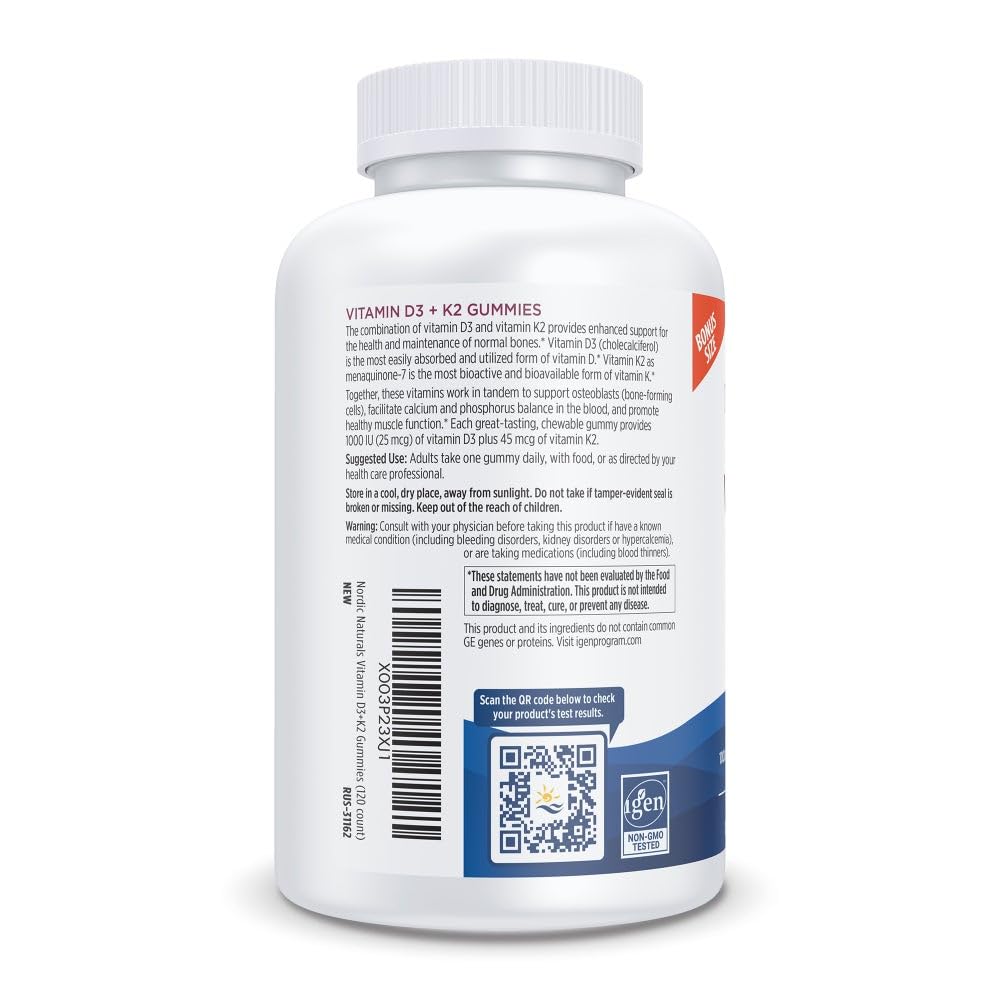 Nordic Naturals label close-up highlights 1000 IU D3 and 45 mcg K2 per serving for bone support