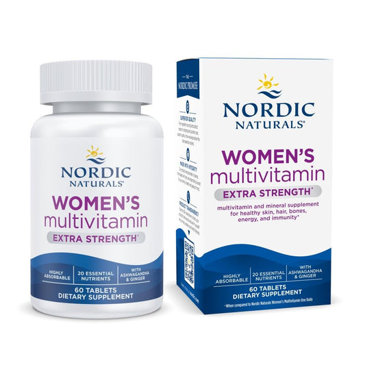 Nordic Naturals Women’s Multivitamin Extra Strength bottle front view for skin and energy support.