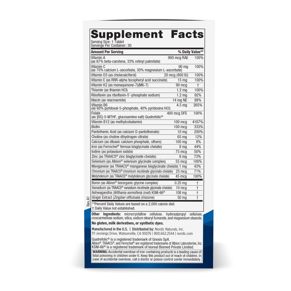 Nordic Naturals Women's Multivitamin One Daily label closeup highlights purity and active nutrients.
