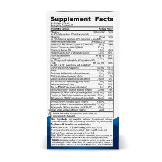 Nordic Naturals Women's Multivitamin One Daily label closeup highlights purity and active nutrients.