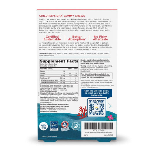 Nordic Naturals Zero Sugar Children's DHA Gummies foil-pack on-the-go highlights travel-friendly nutrition.