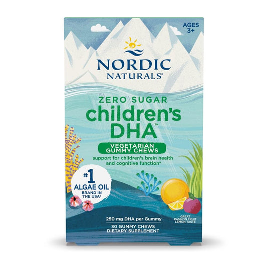 Nordic Naturals Zero Sugar Children’s DHA gummies in a bottle, convenient algae-based omega-3 for kids.