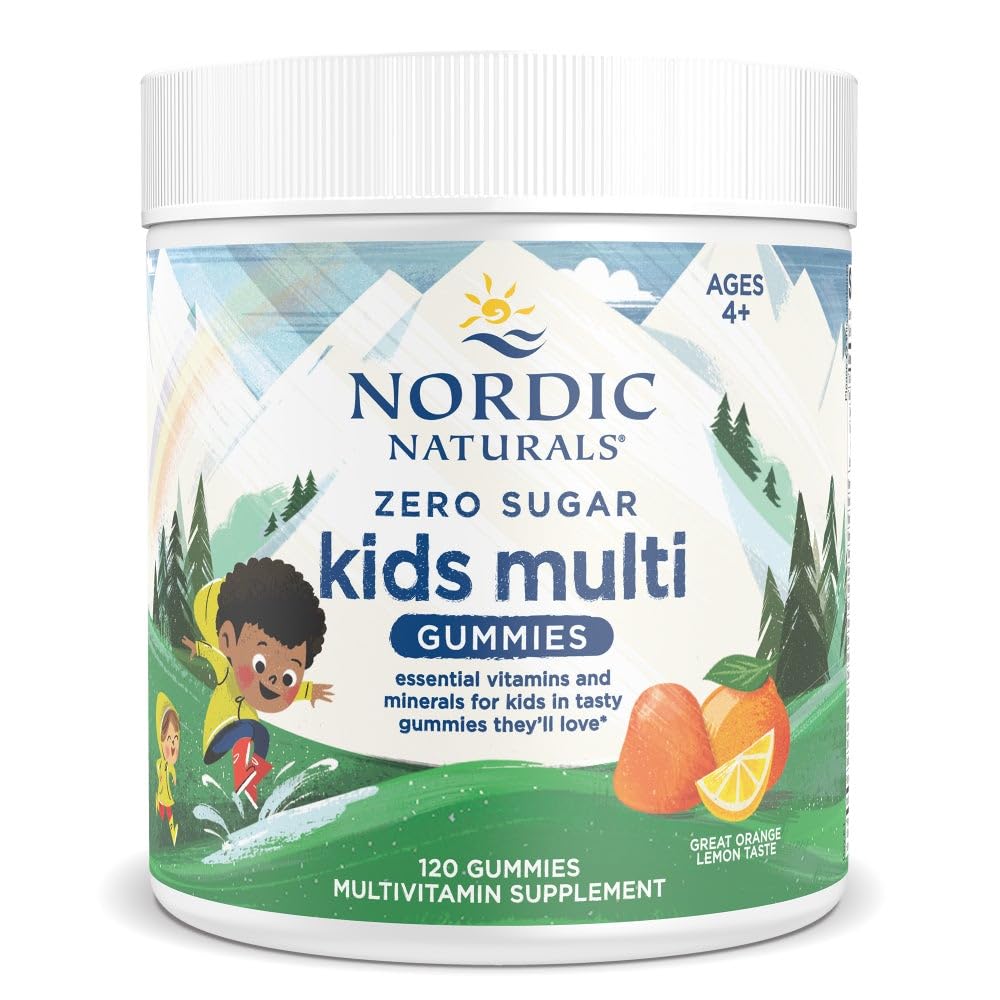 Nordic Naturals Zero Sugar Kids Multi Gummies orange-lemon bottle on table, kid-friendly daily vitamin
