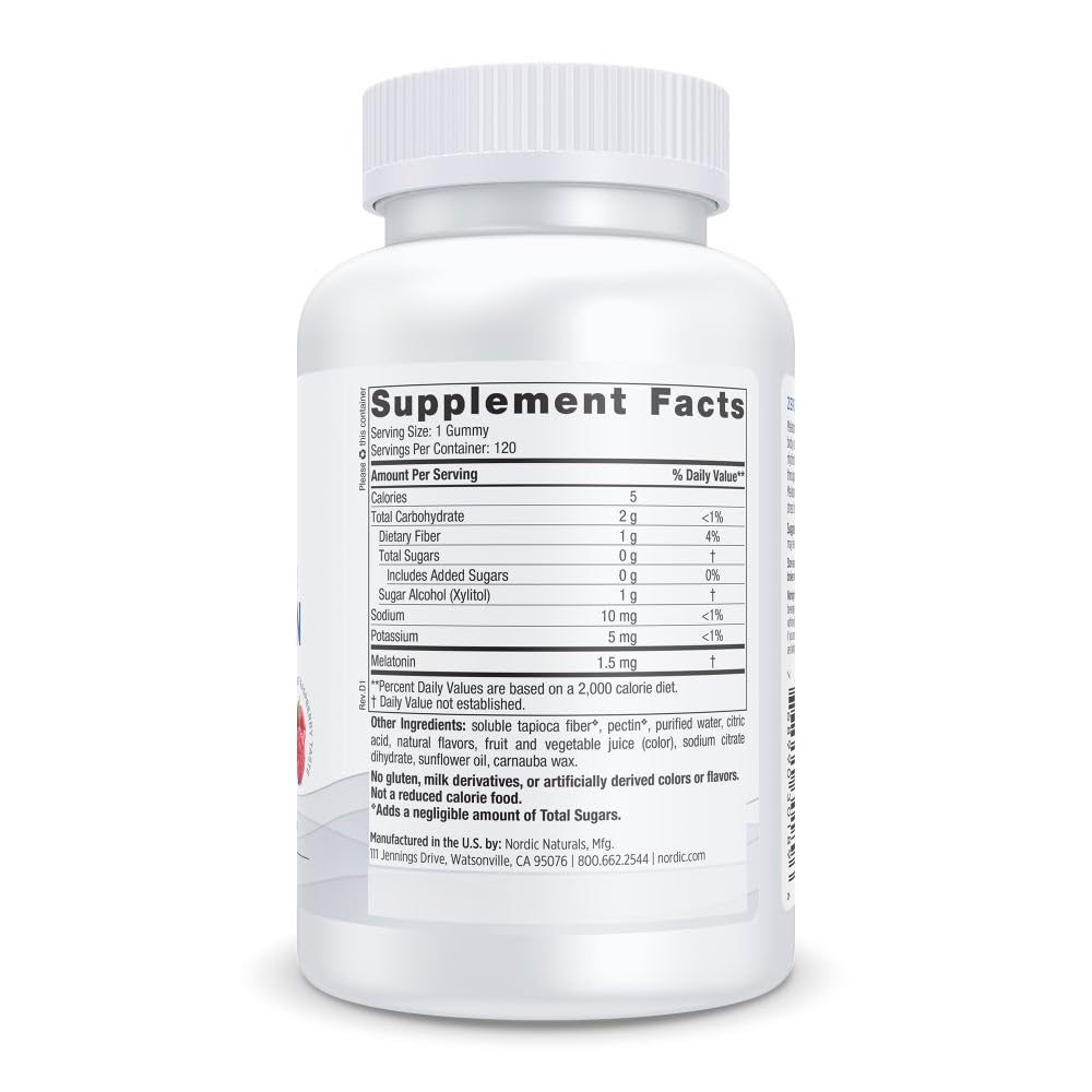 Nordic Naturals Zero Sugar Melatonin Gummies Raspberry bottle back label shows ingredients