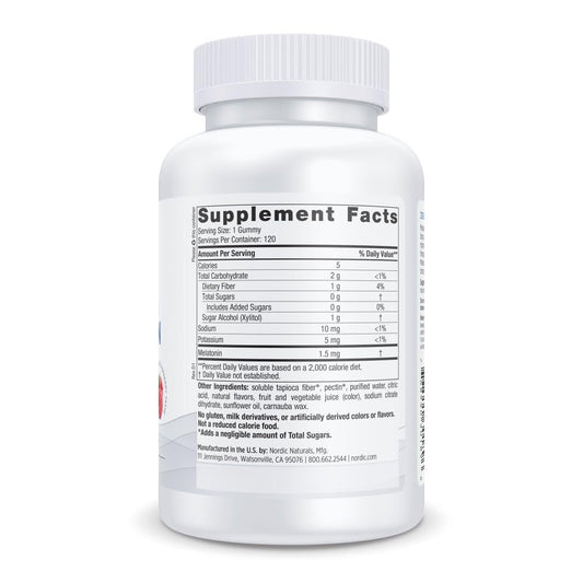 Nordic Naturals Zero Sugar Melatonin Gummies Raspberry bottle back label shows ingredients