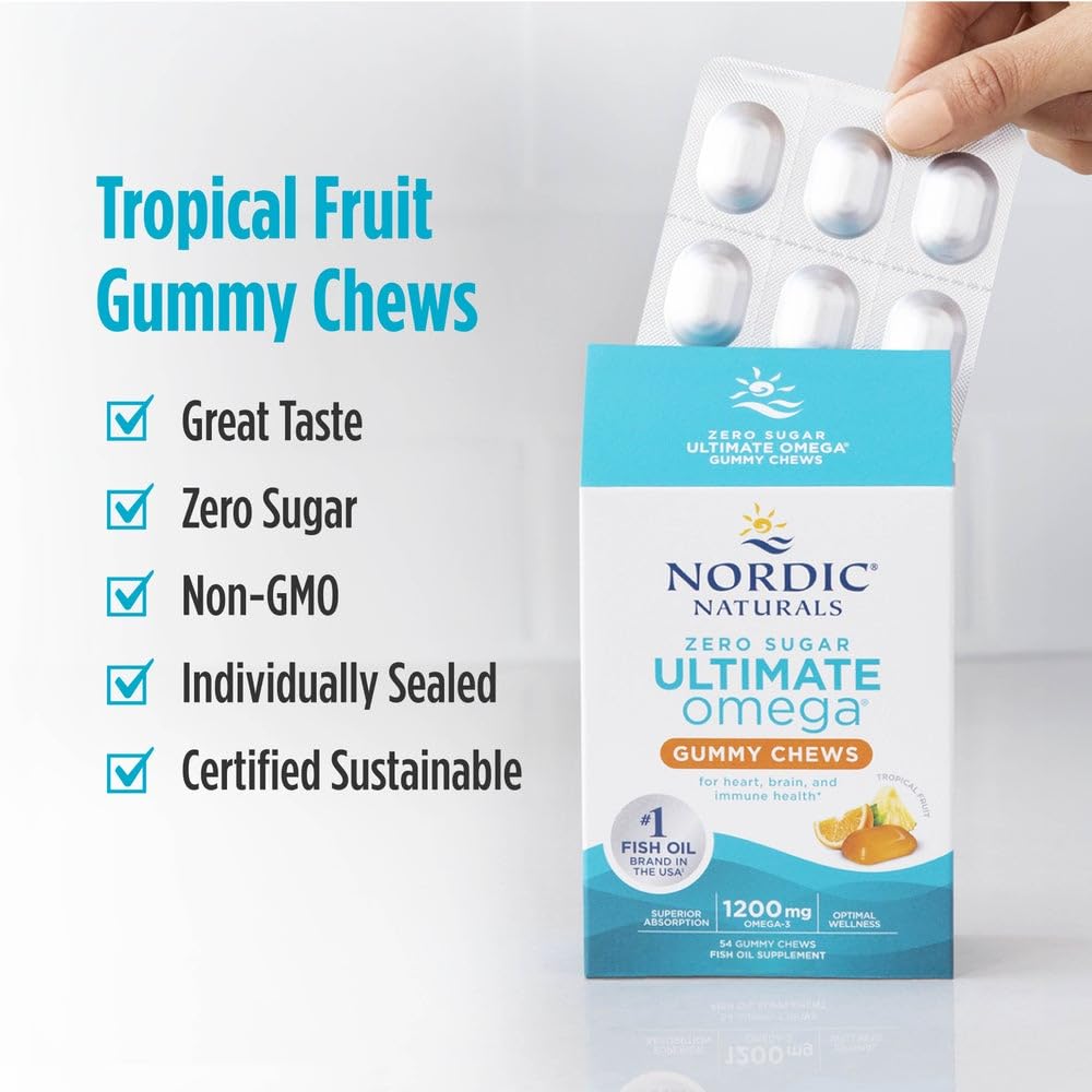 Nordic Naturals Ultimate Omega Gummy Chews bottle shows 54 gummies for a simple daily ritual