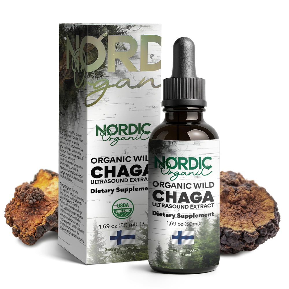 Nordic Organic Chaga bottle pour for easy daily dosing in water, tea, or coffee