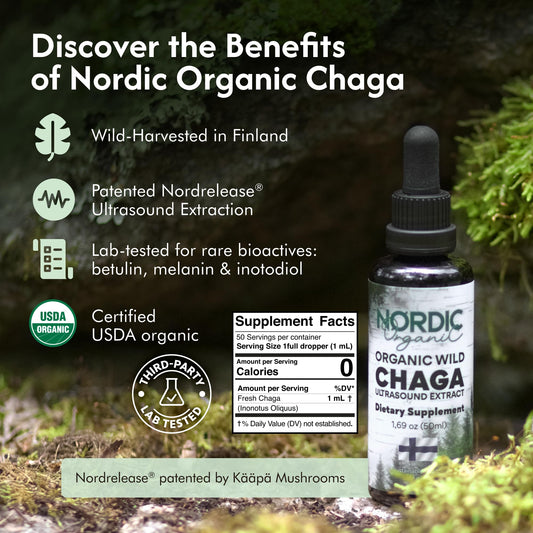 Nordic Organic Chaga label closeup showing USDA Organic certification and purity