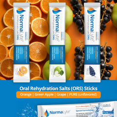 NormaLyte Orange powder packet close-up highlighting rapid hydration.