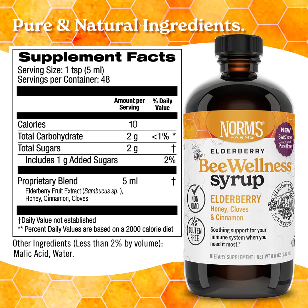 Norm's Farms BeeWellness elderberry syrup label highlights clove and cinnamon blend